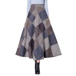 Damen Retro Winter Maxi Röcke Wolle Hohe Taille Gitter Vintage Elastische Taille Elegant Casual A-Linie Swing Rock Glockenrock Faltenrock (L,Blau) von LWZDREAM