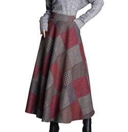 Damen Retro Winter Maxi Röcke Wolle Hohe Taille Gitter Vintage Elastische Taille Elegant Casual A-Linie Swing Rock Glockenrock Faltenrock (S,Rot) von LWZDREAM