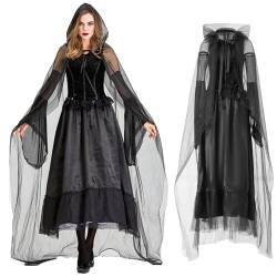 Geisterbraut Königin Kostüm,Böse Königin Umhang Abendkleid,Halloween Kostüm Damen Geist,Hexen Schwarze Robe,Lange Vampir Umhang mit Kapuze,Halloween Kostüm Damen Hexe,für Fasching Halloween Maskerade von LXWINNER