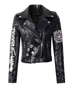 Damen Punk Jacke Kunstleder Punk Jacke Biker Motorrad Jacke mit Gürtel, Schwarz, S von LY VAREY LIN