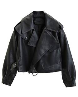 Damen Schwarz Kunstleder Jacken Casual Kurz Oversized Mantel Asymmetrische Motorbikerjacke - Schwarz - Large von LY VAREY LIN