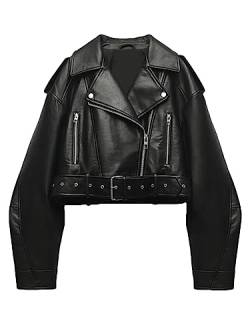 LY VAREY LIN Damen Kunstleder Cropped Jacke Revers Reißverschluss Biker Kurzer Mantel mit Gürtel, 2371 Schwarz, Small von LY VAREY LIN