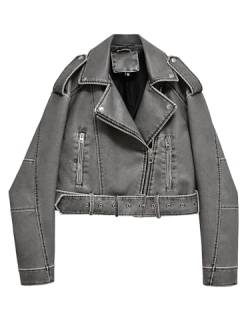 LY VAREY LIN Frauen Kunstleder Cropped Jacke Revers Reißverschluss Vintage Biker Kurzer Mantel mit Gürtel, 2371grau, Small von LY VAREY LIN