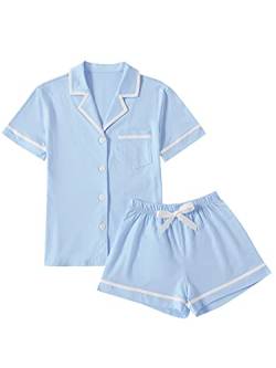 LYANER Damen Baumwolle Pyjama Set Knopf Kurzarm Shirt mit Shorts Set PJs Loungewear, Blau, XS von LYANER