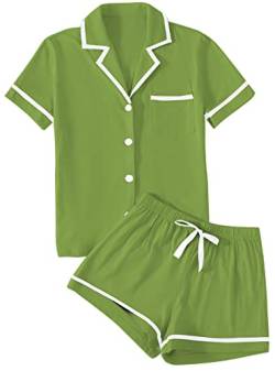LYANER Damen Baumwolle Pyjama Set Knopf Kurzarm Shirt mit Shorts Set PJs Loungewear, Grasgrün, M von LYANER
