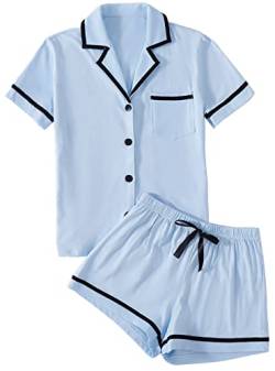 LYANER Damen Baumwolle Pyjama Set Knopf Kurzarm Shirt mit Shorts Set PJs Loungewear, Hell, blau, XS von LYANER