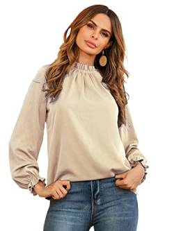 LYANER Damen-Bluse mit Rüschen, Stehkragen, Volant, langärmelig, einfarbig, für Büro, beige, X-Groß von LYANER