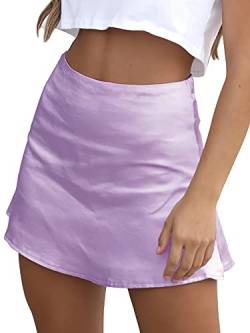 LYANER Damen Casual Blumendruck Satin Seide Hohe Taille Reißverschluss Mini Kurzer Rock, Solid Lilac, M von LYANER