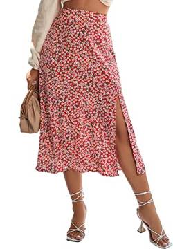 LYANER Damen Casual Boho Printed High Waist Side Split Hem Zipper Midi Rock, Floral Rot, Mittel von LYANER