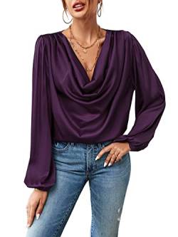 LYANER Damen Casual Satin Seidig Drapiert Wasserfallkragen Geraffte Langarm Bluse Shirt Top, deep purple, X-Groß von LYANER