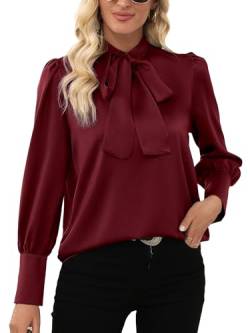 LYANER Damen Elegant Fliege Mock Neck Bow Knoten Langarm Arbeit Büro Satin Bluse Seide Hemd Top, Weinrot, X-Klein von LYANER