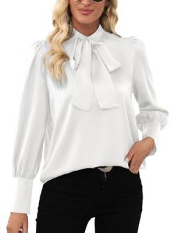 LYANER Damen Elegante Fliege Stehkragen Schleife Knoten Langarm Arbeit Büro Bluse Shirt Top, Weiss/opulenter Garten, X-Groß von LYANER