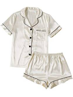 LYANER Damen Gestreift Seidig Satin Pyjama Kurzarm Top mit Shorts Nachtwäsche PJ Set, Champagner#2, X-Small von LYANER