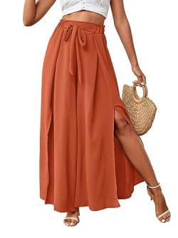 LYANER Damen-Hose mit Schnürung vorne, hohe Taille, seitlicher Schlitz, fließend, weites Bein, plissierte Hose mit Gürtel, Pumpkin Orange, M von LYANER