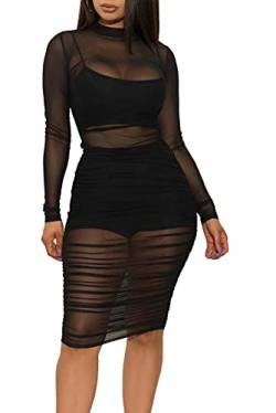 LYANER Damen Mesh Kleid Langarm Bodycon 3 Stück Outfits mit Cami Shorts, schwarz, Klein von LYANER