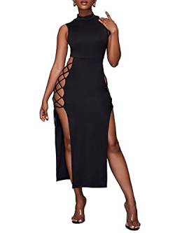 LYANER Damen Mock Neck Cut Out Side Lace Up Sleeveless Bodycon Maxi Tank Dress, schwarz, Groß von LYANER