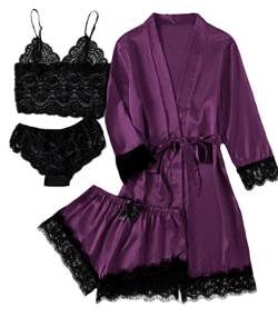 LYANER Damen-Pyjama-Set mit Spitzenbesatz, Satin, Blumenmuster, 4 Stück, deep purple, L von LYANER