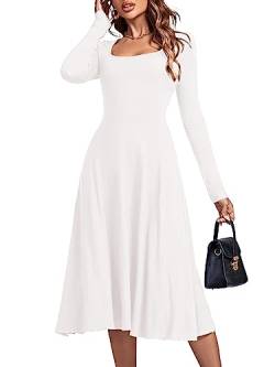 LYANER Damen Quadratischer Ausschnitt Langarm Empire-Taille A Linie Flare Solid Midi Kleid, Weiss/opulenter Garten, X-Groß von LYANER