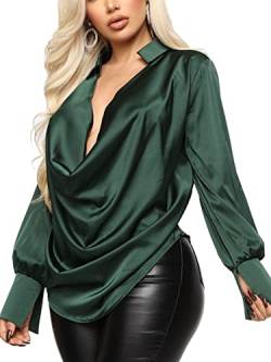 LYANER Damen Satin Kragen Ausschnitt Drape Rüschen Front Langarm Bluse Shirt Top, Dunkelgrün, Mittel von LYANER