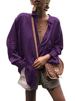 LYANER Damen Satin Kragen Hals Button Down Langarm Bluse Shirt Tunika Top, Dunkles Violett, Medium von LYANER