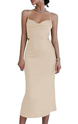 LYANER Damen Satin Schalkragen Träger Slip Sexy Cut Out Cocktail Midi Kleid, beige, X-Klein von LYANER