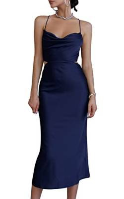 LYANER Damen Satin Schalkragen Träger Slip Sexy Cut Out Cocktail Midi Kleid, marineblau, Klein von LYANER