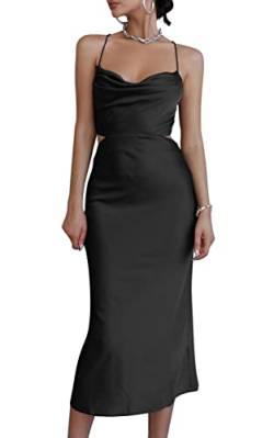 LYANER Damen Satin Schalkragen Träger Slip Sexy Cut Out Cocktail Midi Kleid, schwarz, X-Klein von LYANER