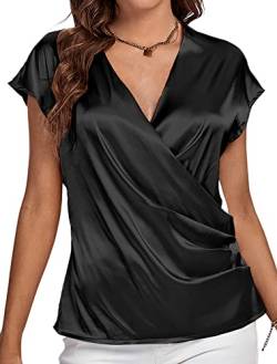 LYANER Damen Satin Seide Wrap V Ausschnitt Flügelärmel Elegant Arbeitskleidung Bluse Shirt Top, schwarz, X-Groß von LYANER