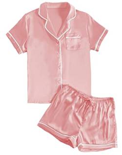 LYANER Damen Satin Seidig Kurzarm Knopf Hemd Nachtwäsche 2 Stück Pyjama Set, korallenpink, XS von LYANER