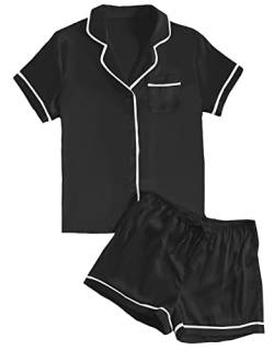 LYANER Damen Satin Seidig Kurzarm Knopf Hemd Nachtwäsche 2 Stück Pyjama Set, solide, schwarz, XS von LYANER