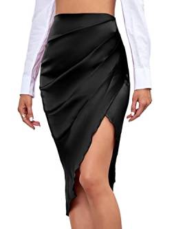 LYANER Damen Satin Skily Asymmetrisch Split Schlitz Ruched High Waist Bodycon Midi Rock, Schwarz, Mittel von LYANER