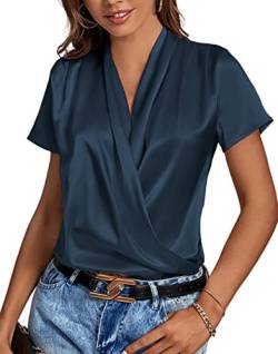 LYANER Damen Satin V Ausschnitt Kurzarm Wickel Elegant Bluse Shirt, marineblau, Mittel von LYANER