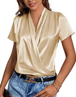 LYANER Damen Satin V-Ausschnitt Kurzarm Wrap Elegant Bluse Shirt, Champagner, Mittel von LYANER