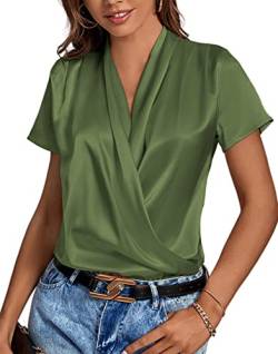 LYANER Damen Satin V Ausschnitt Kurzarm Wrap Elegant Bluse Shirt, Dunkelgrün, Mittel von LYANER