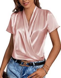 LYANER Damen Satin V Ausschnitt Kurzarm Wrap Elegant Bluse Shirt, Pink, Mittel von LYANER