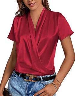 LYANER Damen Satin V-Ausschnitt Kurzarm Wrap Elegant Bluse Shirt, Weinrot, X-Groß von LYANER