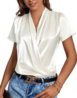 LYANER Damen Satin V-Ausschnitt Kurzarm Wrap Elegant Bluse Shirt, Weiss/opulenter Garten, Klein von LYANER