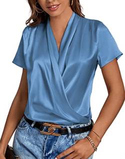 LYANER Damen Satin V Ausschnitt Kurzarm Wrap Elegant Bluse Shirt, dusty blue, Groß von LYANER