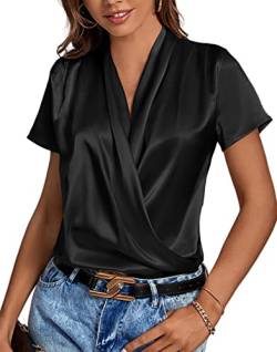 LYANER Damen Satin V Ausschnitt Kurzarm Wrap Elegant Bluse Shirt, schwarz, Mittel von LYANER