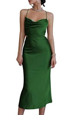 LYANER Damen Satin Wasserfallkragen Träger Slip Sexy Cut Out Cocktail Midi Kleid, Dunkelgrün, X-Klein von LYANER