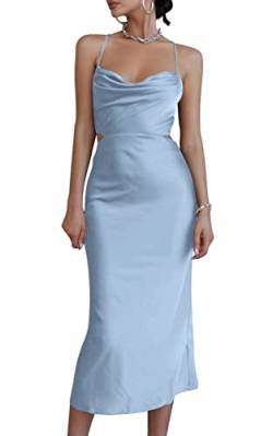 LYANER Damen Satin Wasserfallkragen Träger Slip Sexy Cut Out Cocktail Midi Kleid, Hell, blau, Klein von LYANER