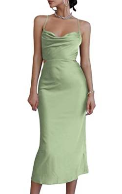 LYANER Damen Satin Wasserfallkragen Träger Slip Sexy Cut Out Cocktail Midi Kleid, Mintgrün, Mittel von LYANER