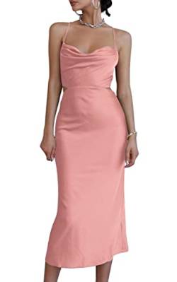 LYANER Damen Satin Wasserfallkragen Träger Slip Sexy Cut Out Cocktail Midi Kleid, Pink, Klein von LYANER