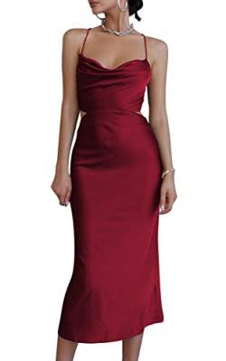 LYANER Damen Satin Wasserfallkragen Träger Slip Sexy Cut Out Cocktail Midi Kleid, Weinrot, X-Klein von LYANER