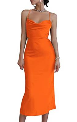 LYANER Damen Satin Wasserfallkragen Träger Slip Sexy Cut Out Cocktail Midi Kleid, hellorange, Klein von LYANER