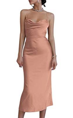 LYANER Damen Satin Wasserfallkragen Träger Slip Sexy Cut Out Cocktail Midi Kleid, rosa - dusty pink, X-Klein von LYANER