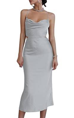 LYANER Damen Satin Wasserfallkragen Träger Slip Sexy Cut Out Cocktail Midi Kleid, silber, Groß von LYANER