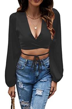 LYANER Damen Satin Wrap V Ausschnitt Criss Cross Tie Langarm Crop Bluse Top, schwarz, Groß von LYANER