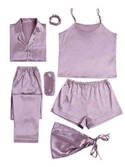 LYANER Damen-Schlafanzug-Set, 7-teilig, Seiden-Satin, Nachtwäsche, Loungewear, Cami-Shirt, Pyjama-Set, Violett, L von LYANER