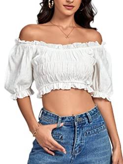 LYANER Damen Schulterfrei Rüschenbesatz Rüschen Kurzarm Bluse Crop Top, Weiss/opulenter Garten, Mittel von LYANER